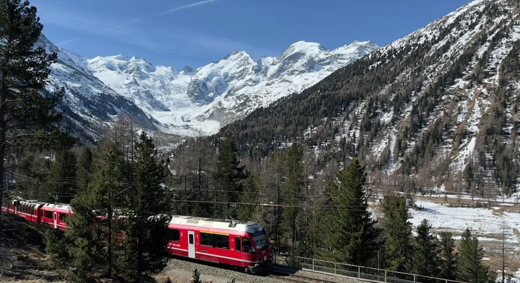 Scenic Alpine landscape viewed through a train window