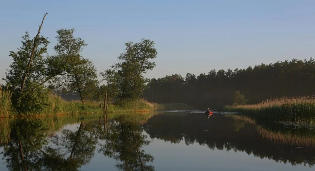 People engaging in outdoor wellness activities near a quiet canal
