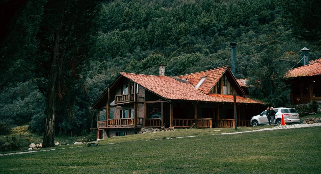 Forest cabins with outdoor hot springs surrounded by trees