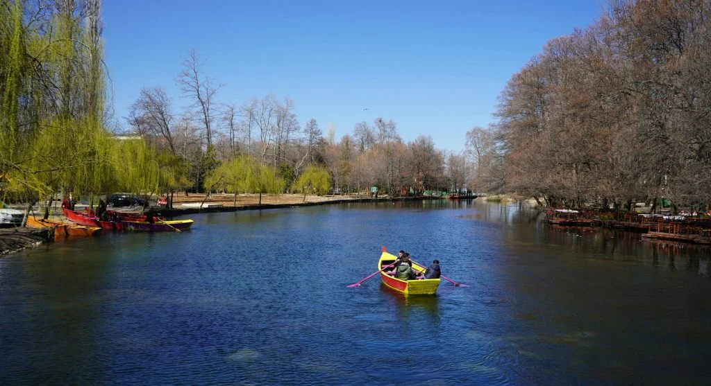 Scenic spring canal view with blooming flowers and trees