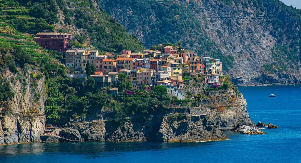 Camera on a tripod overlooking a picturesque coastal village