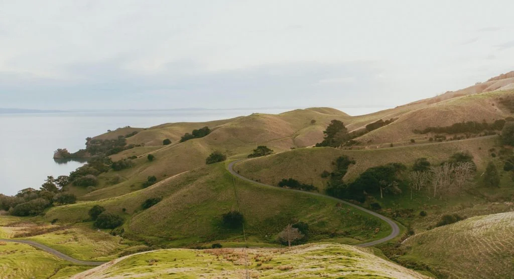 Scenic view of a serene landscape with a winding road for slow travel