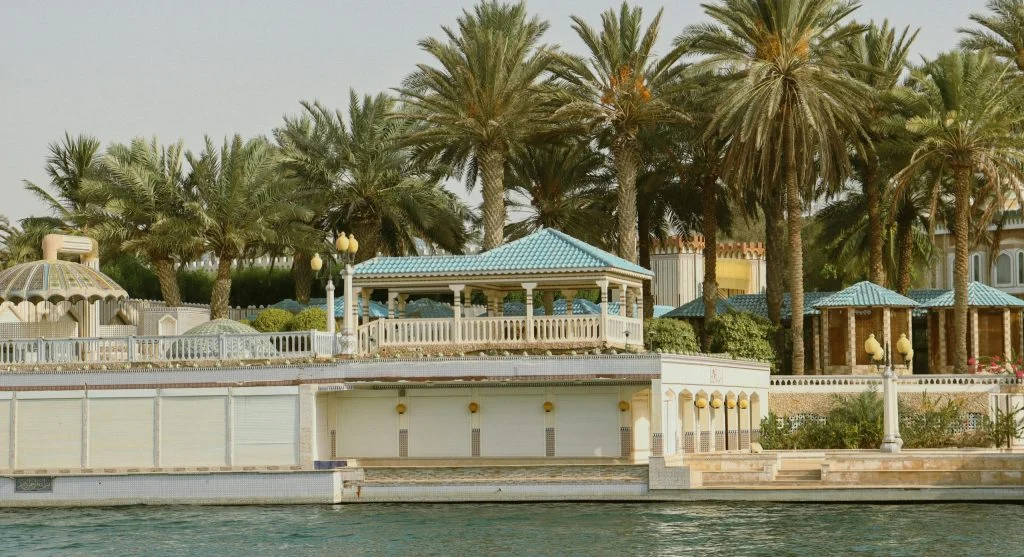 Luxury resort beside a serene lake or river