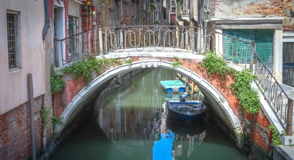 Serene European canal scene with blooming flowers and trees during spring