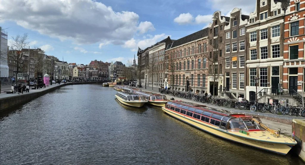 European spring cruise ship near tulip fields and canals