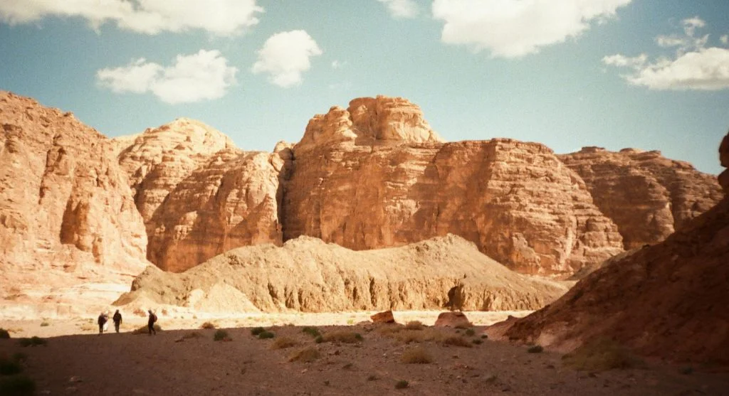 hikers photographing desert canyon landscape