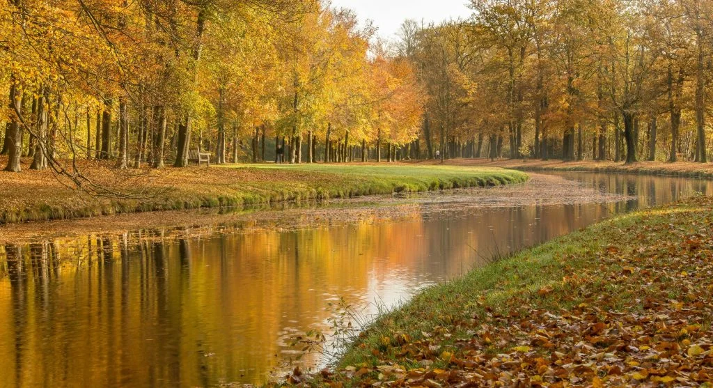 Scenic canal route surrounded by autumn foliage